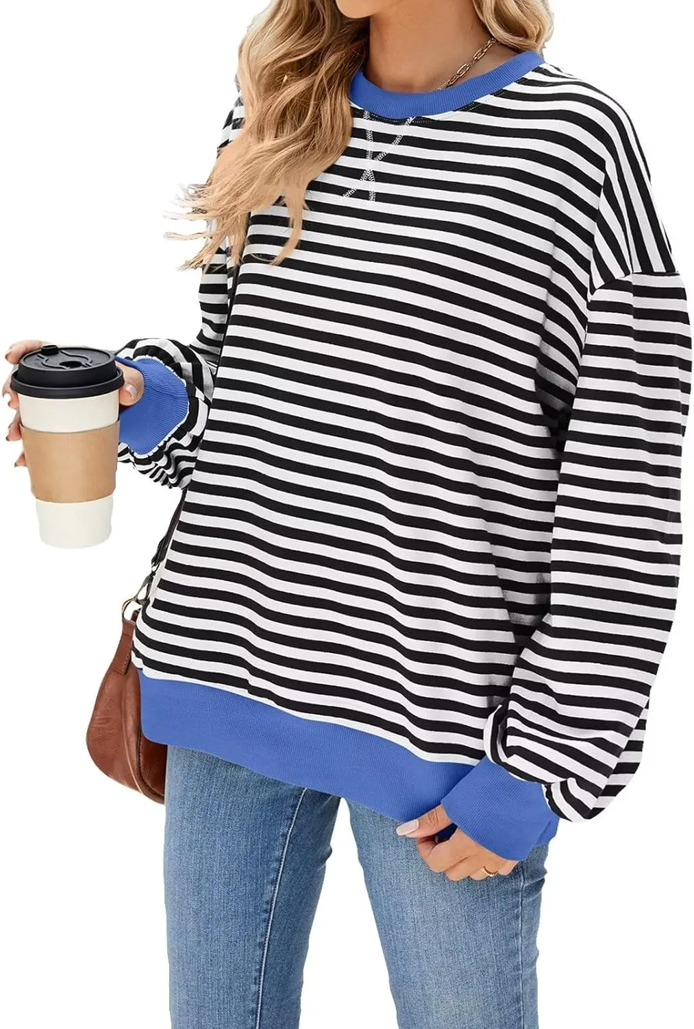 Women Oversized Striped Sweatshirt Color Block Long Sleeve Pullover Tops Preppy Clothes