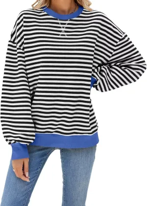 Women Oversized Striped Sweatshirt Color Block Long Sleeve Pullover Tops Preppy Clothes