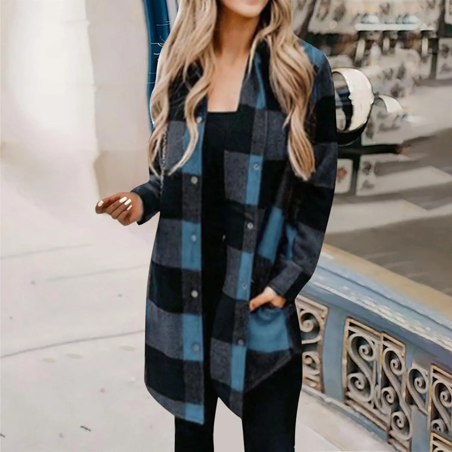 Women Plaid Trench Coats Long Sleeve Flannel Shirts Jackets Button Down Shackets Casual Trendy Fall Winter Outfits