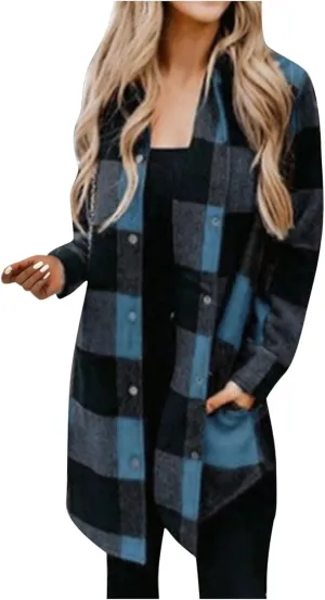 Women Plaid Trench Coats Long Sleeve Flannel Shirts Jackets Button Down Shackets Casual Trendy Fall Winter Outfits