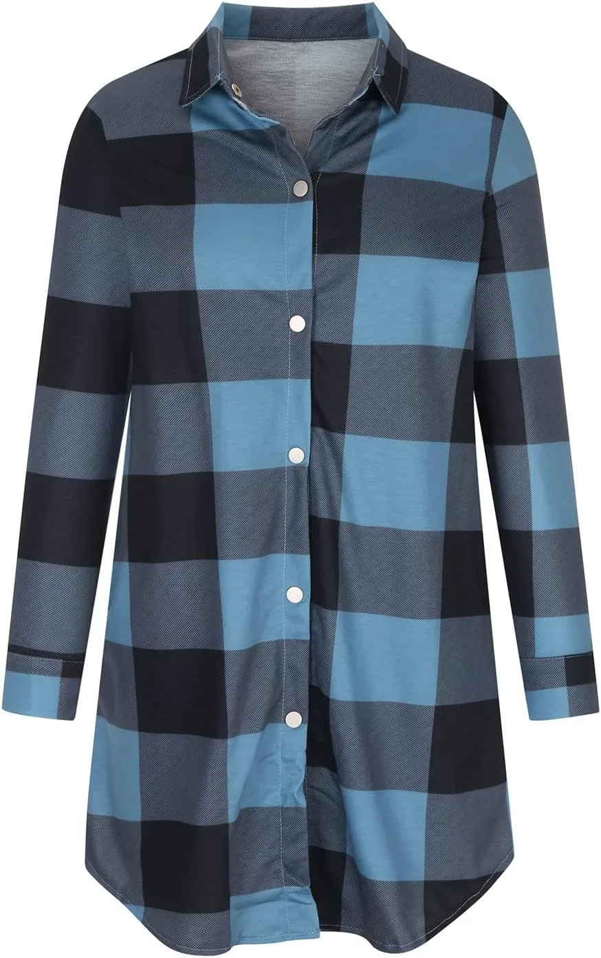 Women Plaid Trench Coats Long Sleeve Flannel Shirts Jackets Button Down Shackets Casual Trendy Fall Winter Outfits