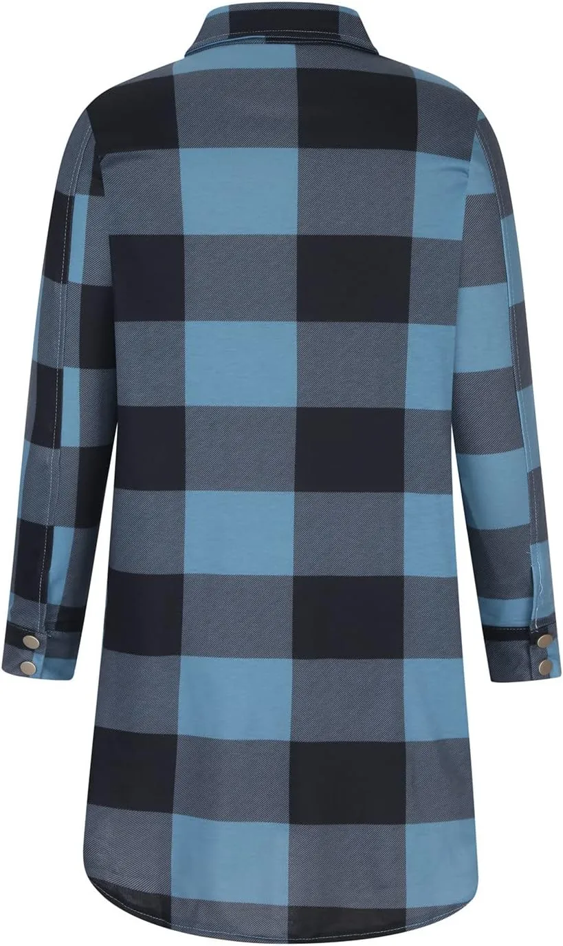 Women Plaid Trench Coats Long Sleeve Flannel Shirts Jackets Button Down Shackets Casual Trendy Fall Winter Outfits