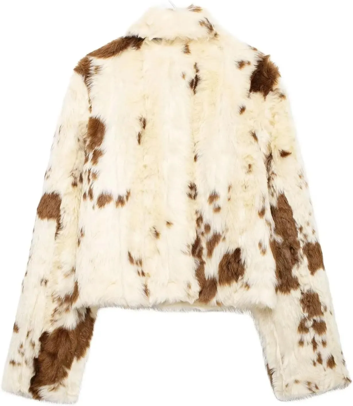 Women Print Faux Fur Zipper Short Lapel Coat Side Pockets Front Zipper Design Turn-Down Collar Jacket Outwear