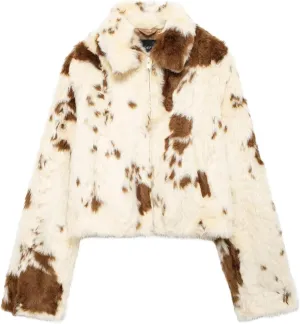 Women Print Faux Fur Zipper Short Lapel Coat Side Pockets Front Zipper Design Turn-Down Collar Jacket Outwear