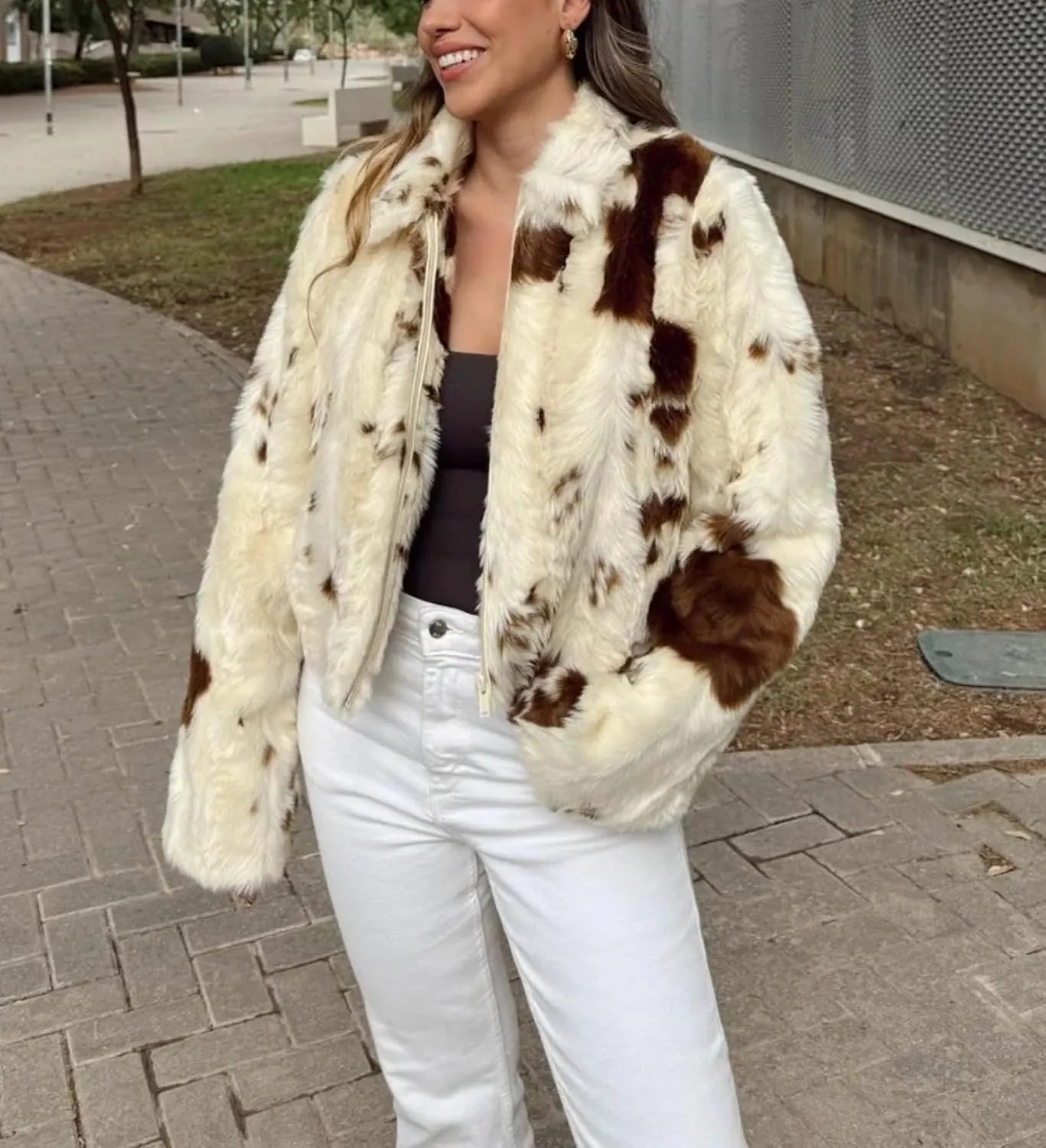 Women Print Faux Fur Zipper Short Lapel Coat Side Pockets Front Zipper Design Turn-Down Collar Jacket Outwear