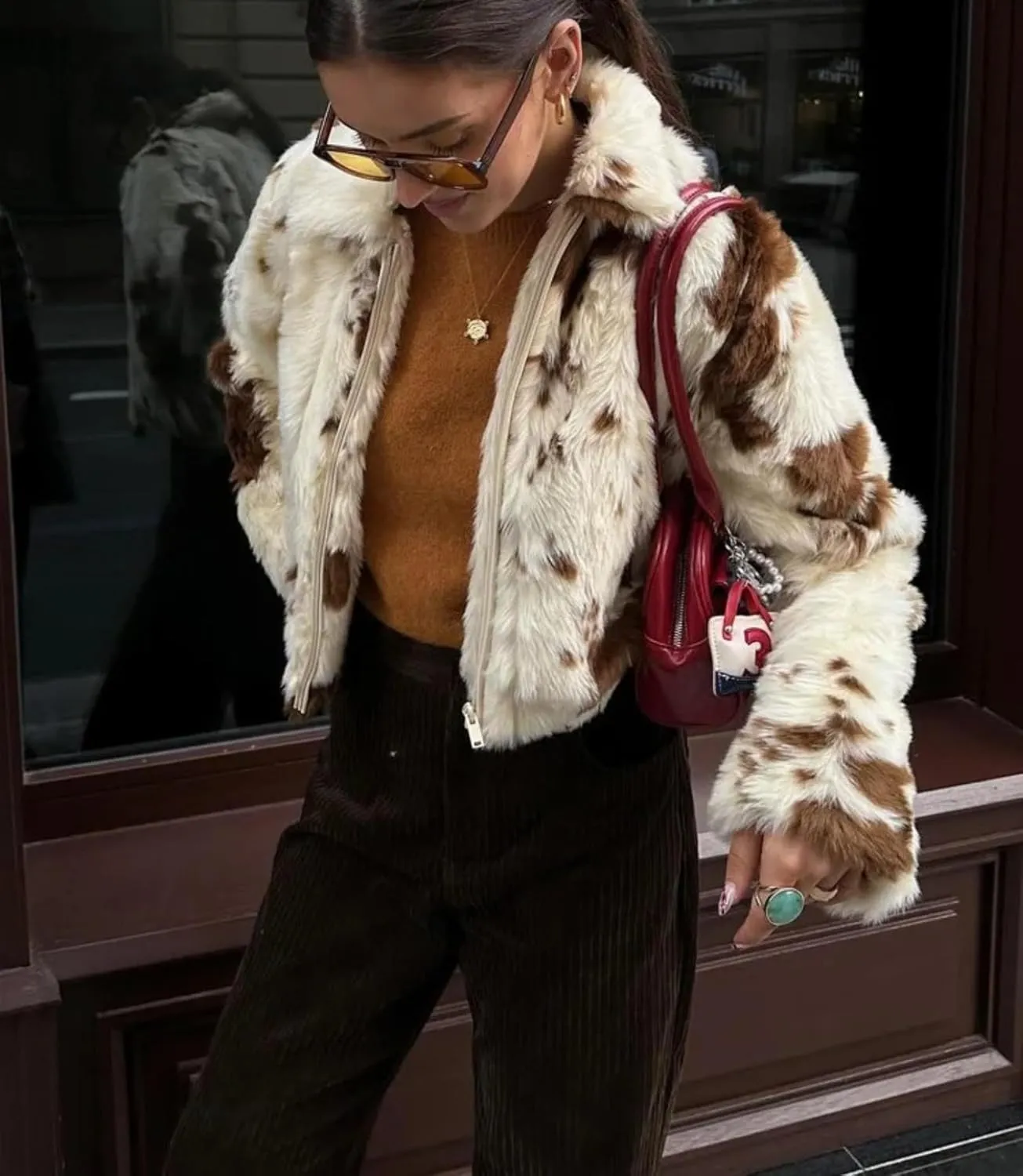 Women Print Faux Fur Zipper Short Lapel Coat Side Pockets Front Zipper Design Turn-Down Collar Jacket Outwear