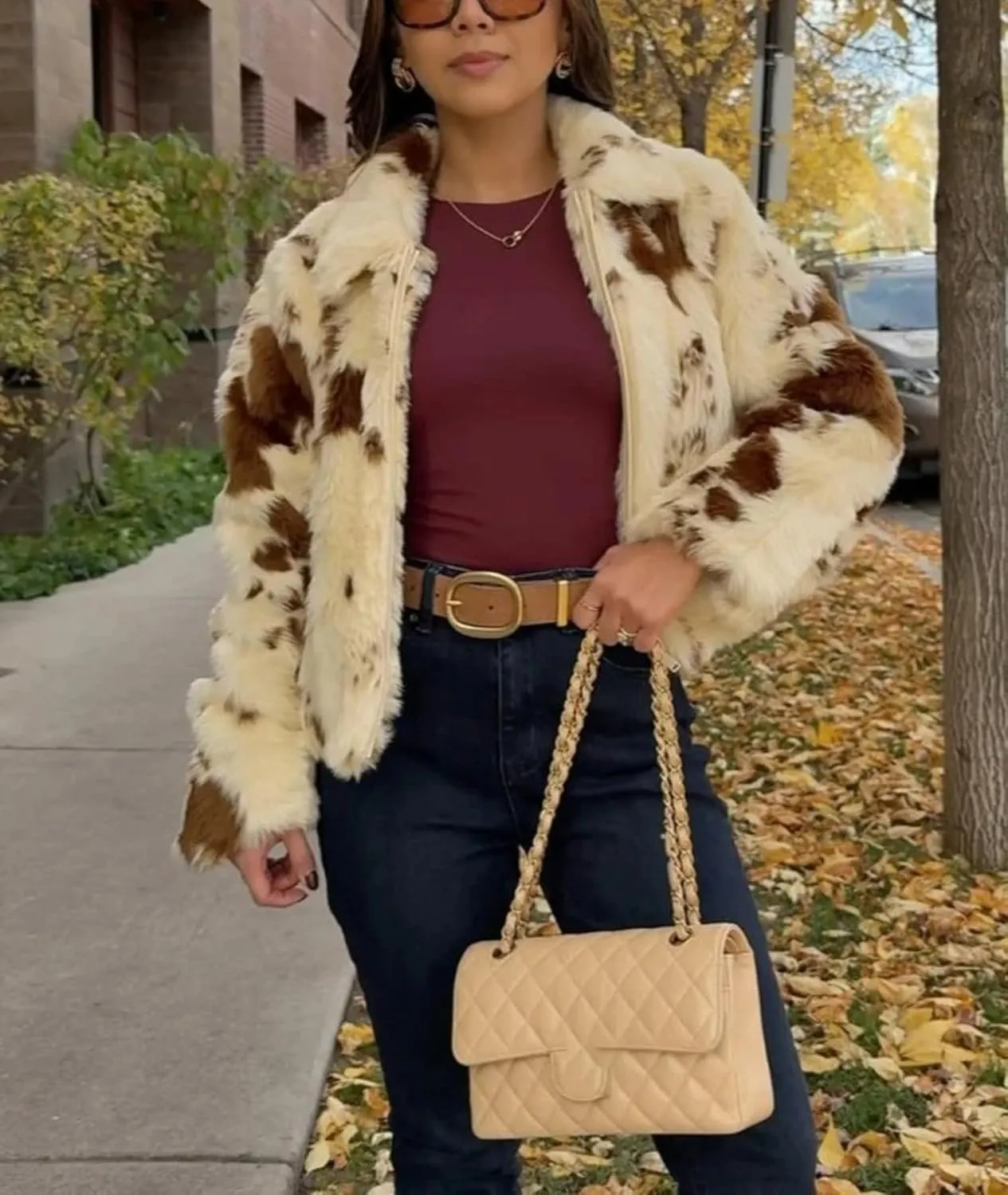 Women Print Faux Fur Zipper Short Lapel Coat Side Pockets Front Zipper Design Turn-Down Collar Jacket Outwear
