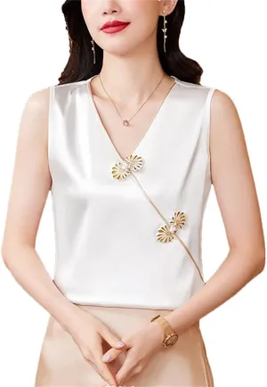 Women Spring Summer Chinese Style Camisole Shirt V-Neck Buckle Sleeveless Tank Tops