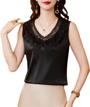 Women Spring Summer Patchwork Lace Embroidered Tank Top Sleeveless Silk Satin Camisole Vest