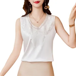 Women Spring Summer Patchwork Lace Embroidered Tank Top Sleeveless Silk Satin Camisole Vest