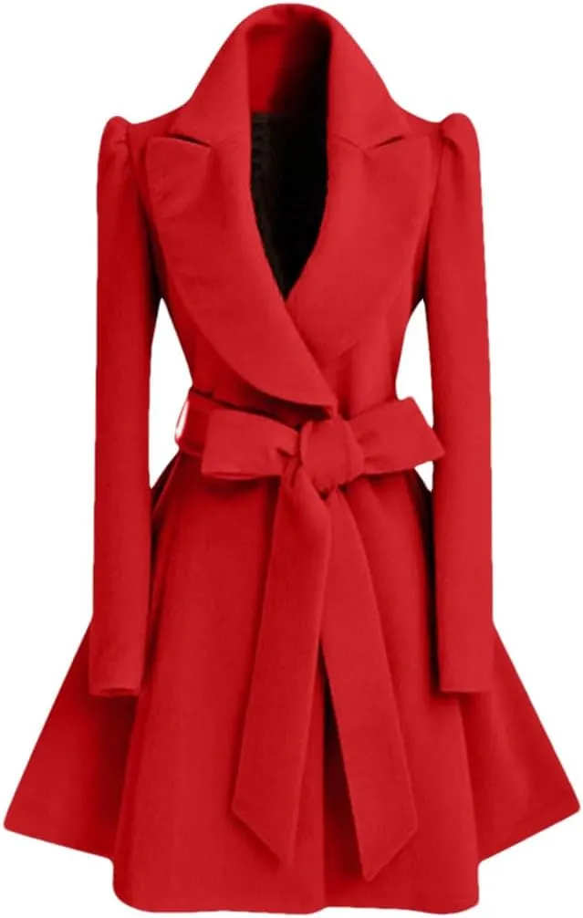 Women Turn Down Collar Midi Length Trench Double Breasted Pea Coat Winter Warm Jacket