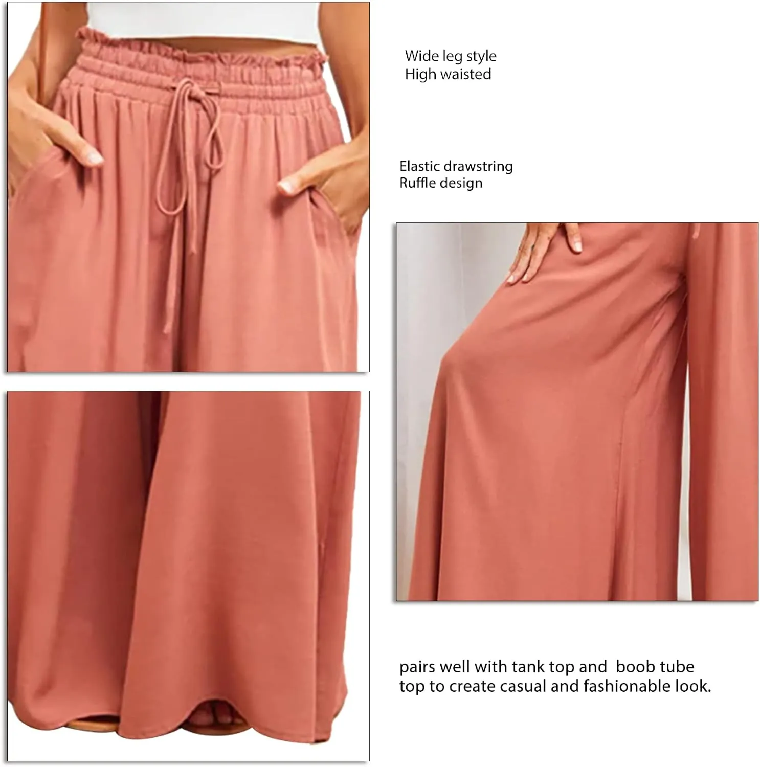 Women Wide Leg Pants Women Stretchy Waistband High Waist Drawstring Solid Color Loose Fit Soft Trousers with Pockets