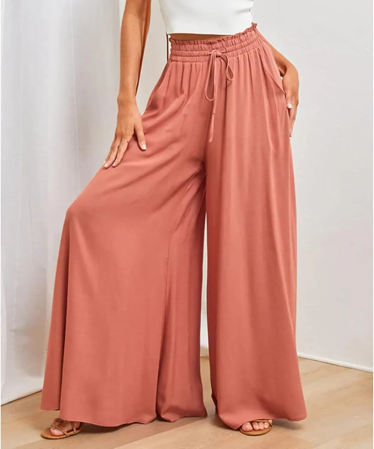Women Wide Leg Pants Women Stretchy Waistband High Waist Drawstring Solid Color Loose Fit Soft Trousers with Pockets