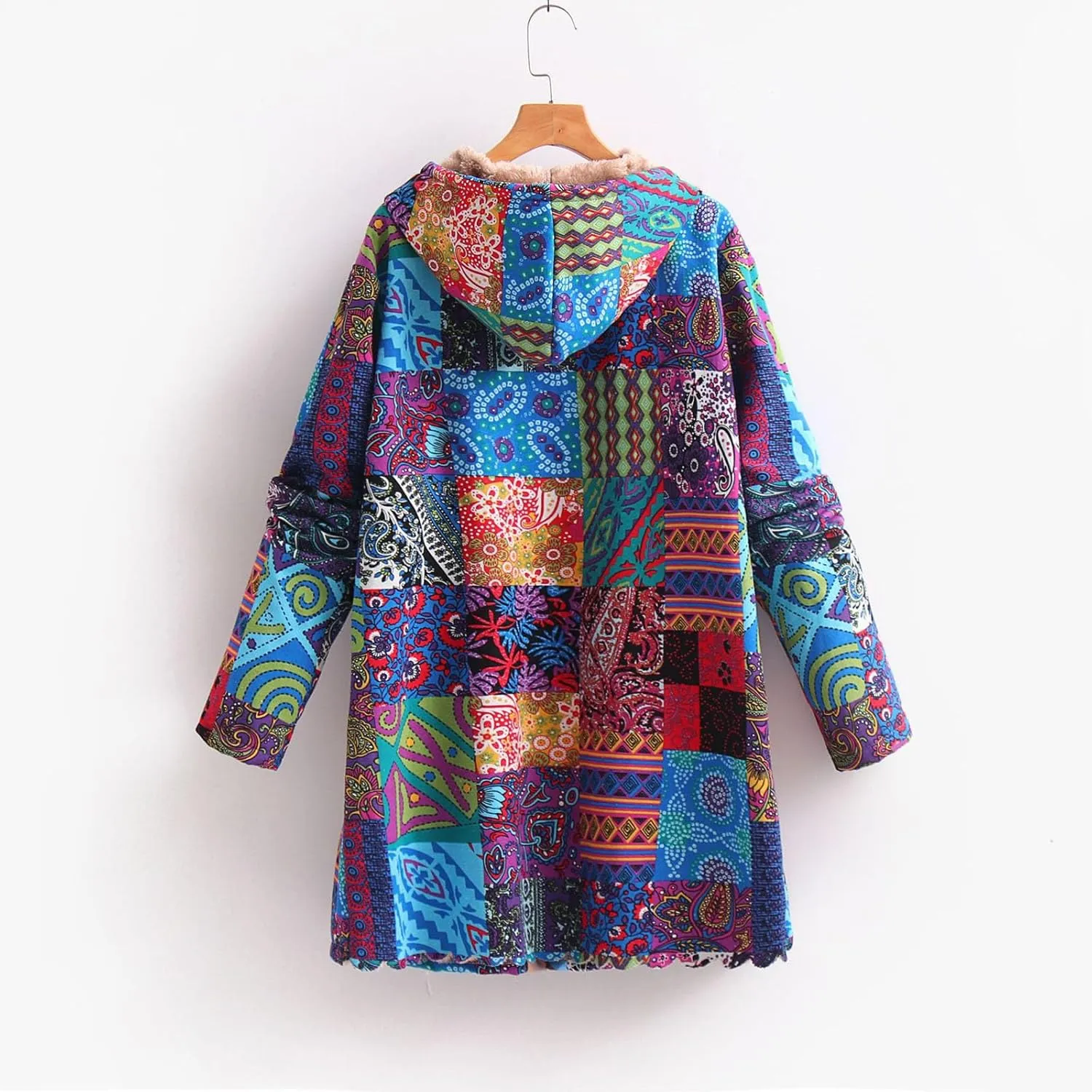 Women Winter Coats Oversized Button down Sherpa Hoodie Ethnic Plaid Print Fleece Lined Coat Fluffy Fuzzy Outerwear