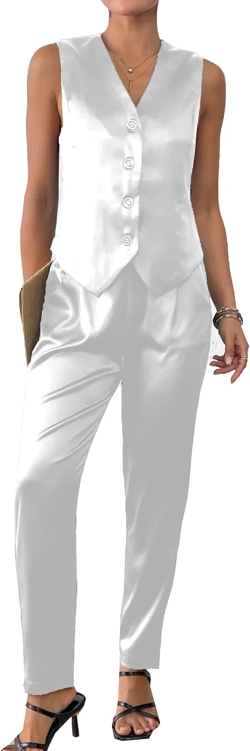 Women's 2 Piece Outfits Satin Suit Vest Waistcoat Dressy Business Casual Work Sets Tapered Pants Suits