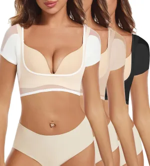 Womens 3 Pack Low Cut Crop Tops Short Sleeve See Through Sheer Mesh Crop Undershirts, Low-Cut Neck Stretch Fitted Tops, Sweatproof with Sweat Pads, Size X-Large