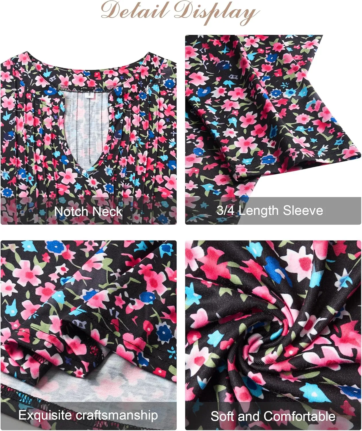 Womens 3/4 Sleeve Tops Business Casual Blouses V Neck Pleated Shirts Peasant Tunic Tops Dressy Casual Work Outfits