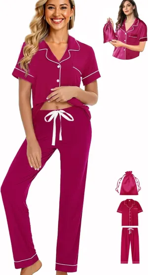 Womens 3Pcs Pajamas Set Soft Pajama Sets Button Down Pjs Set Knit Sleepwear Lounge Sets with Long Pants XS-XXL