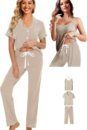 Womens 3Pcs Soft Pajama Sets Sexy Camisole Lingerie XS-4XL Knit Pajamas Set Sleepwear Pjs Nightwear Lounge Sets