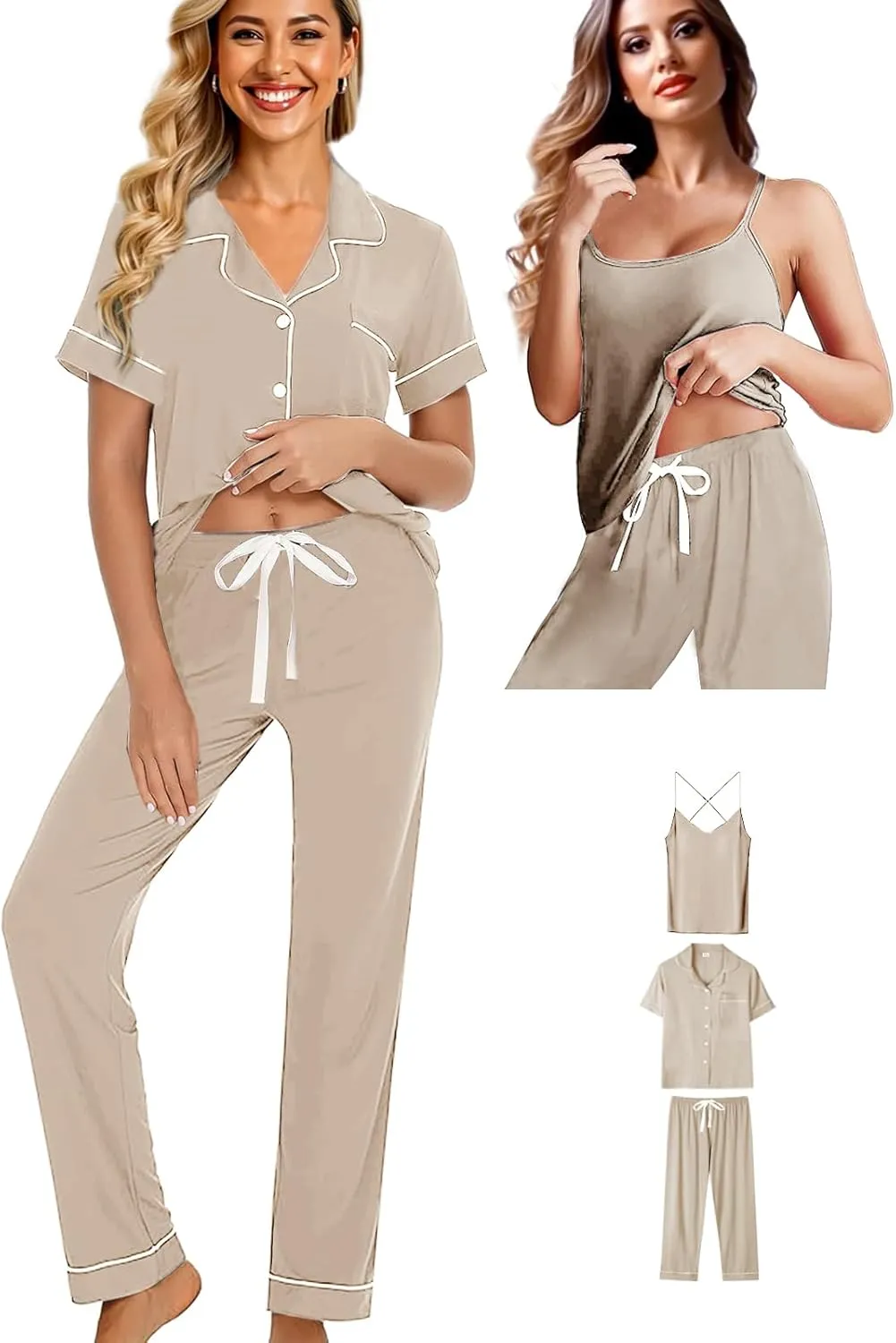 Womens 3Pcs Soft Pajama Sets Sexy Camisole Lingerie XS-4XL Knit Pajamas Set Sleepwear Pjs Nightwear Lounge Sets