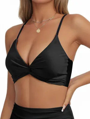 Womens Bikini Tops Twist Front V Neck Push Up Padded Spaghetti Straps Bathing Suit Tops Swimsuit Top Only