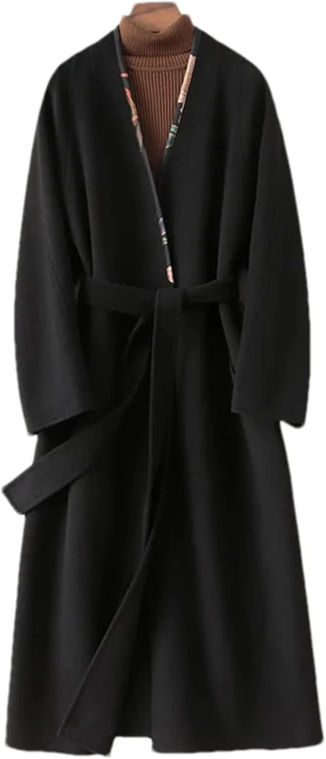 Womens Black Wool Cashmere Blend Long Trench Coat V-Neck Belted Office Dressy Coat