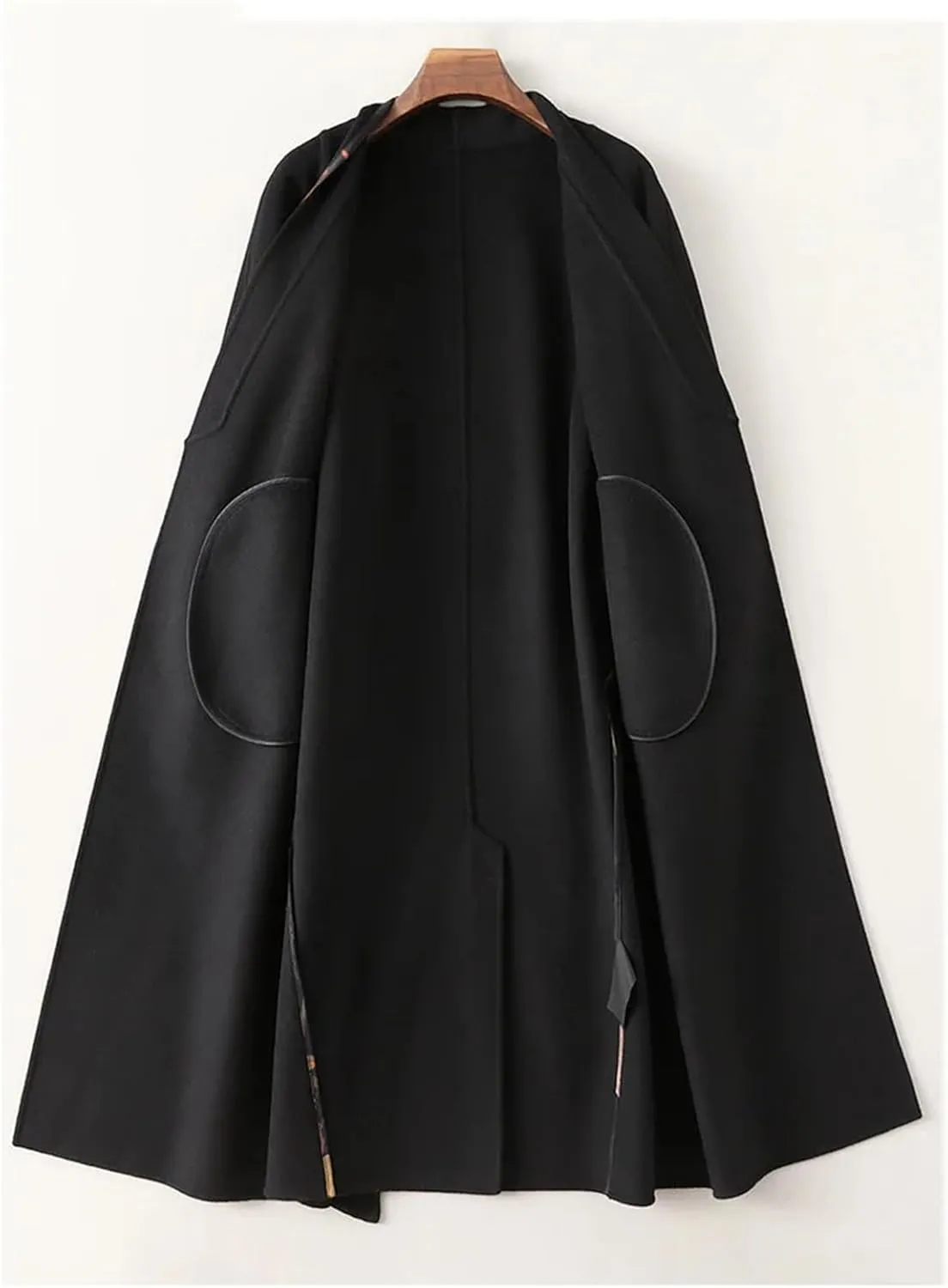Womens Black Wool Cashmere Blend Long Trench Coat V-Neck Belted Office Dressy Coat