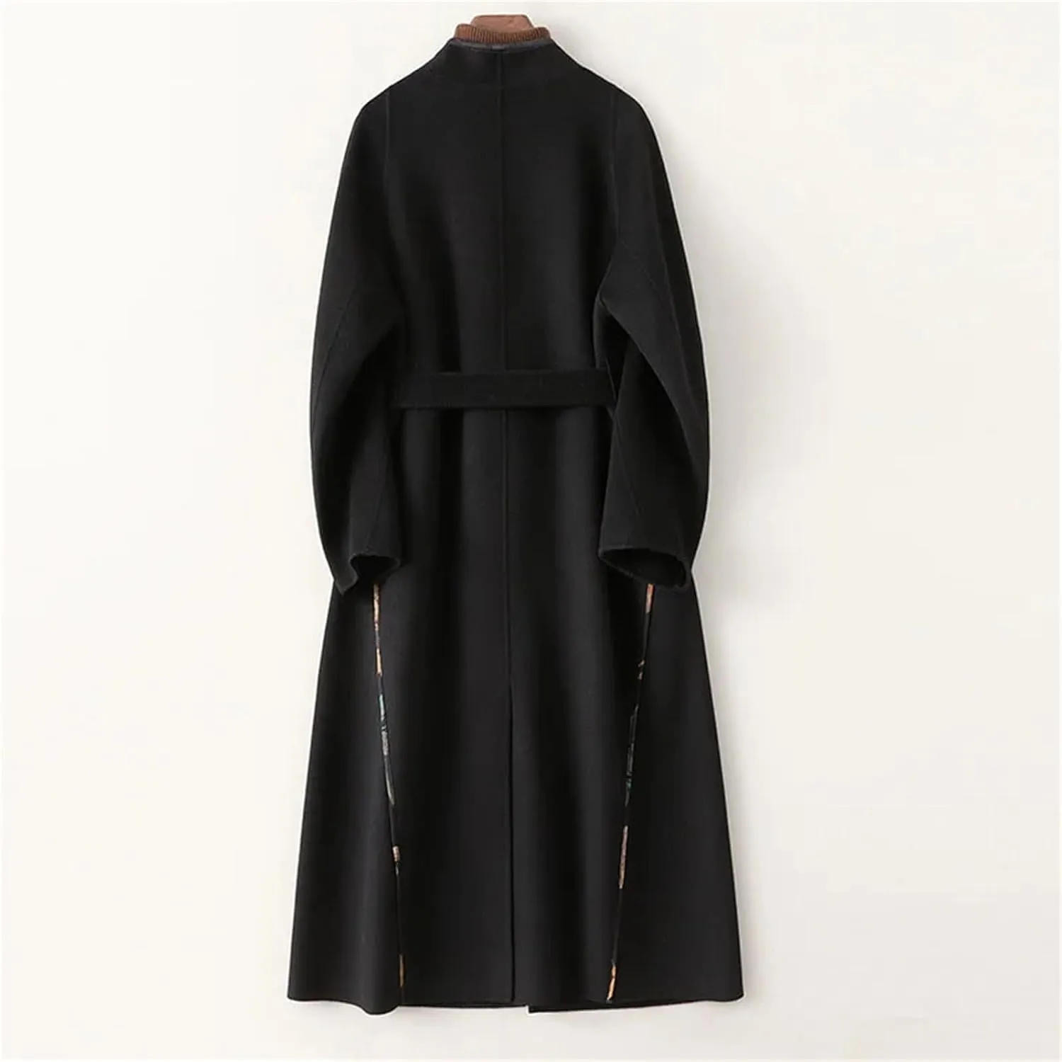 Womens Black Wool Cashmere Blend Long Trench Coat V-Neck Belted Office Dressy Coat