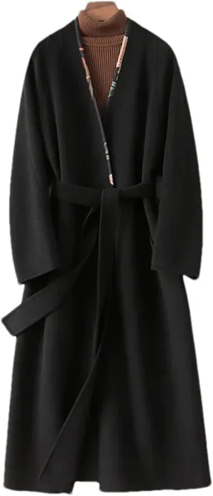Womens Black Wool Cashmere Blend Long Trench Coat V-Neck Belted Office Dressy Coat
