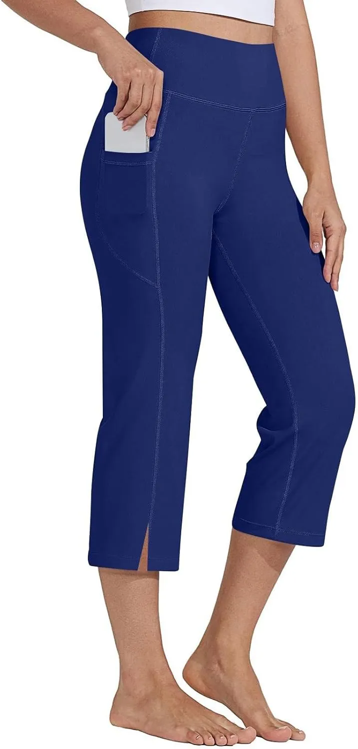 Womens Bootcut Yoga Pants Cotton-Down High Waisted Elastic Capris Baggy Loose Fit Soft Workout Summer Pant with Pocket
