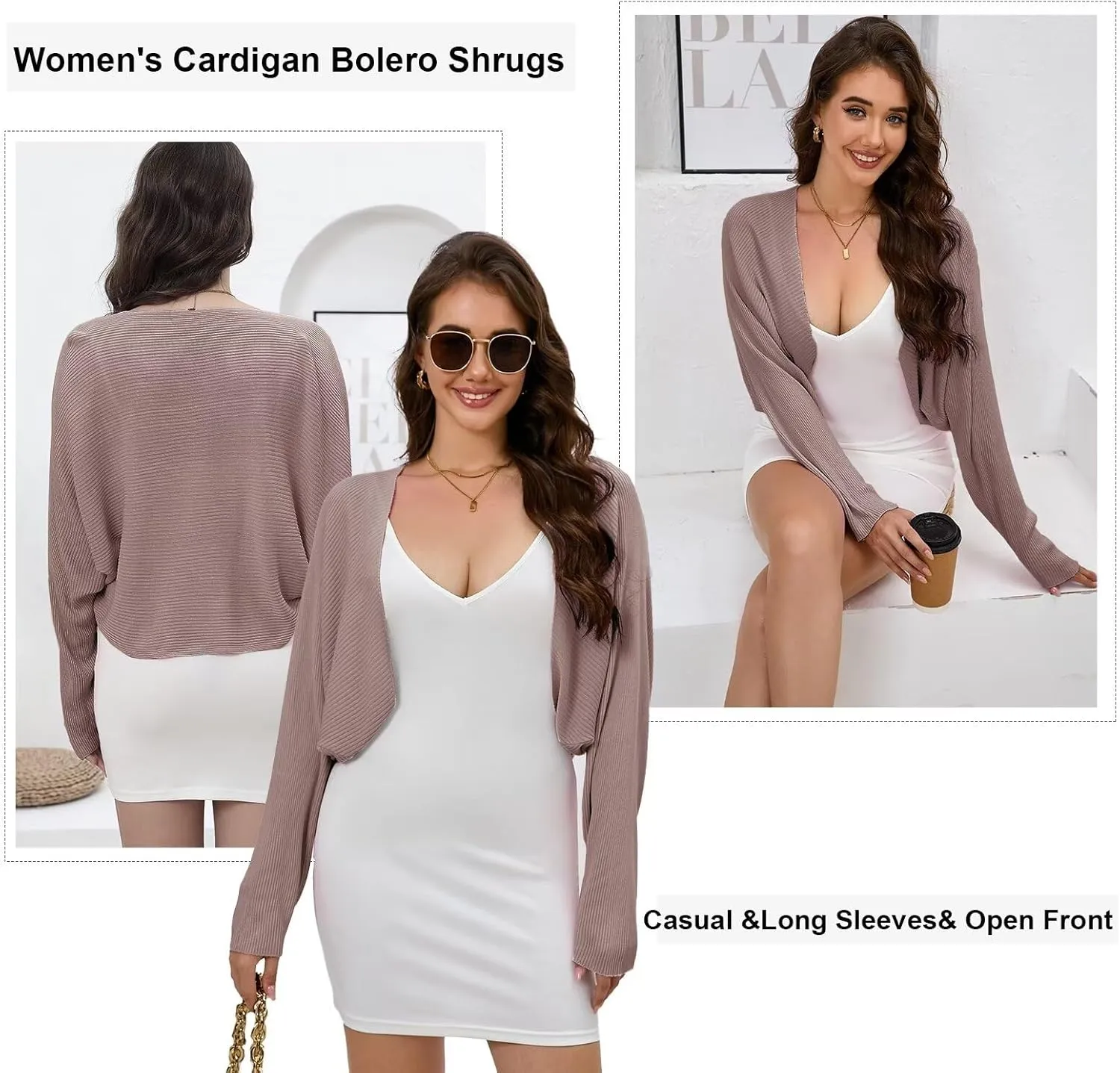 Women's Cardigan Summer 2024 Bolero Shrugs for Dresses Cropped Sweater Long Sleeve Lightweight Open Front Elegant Knit Top.