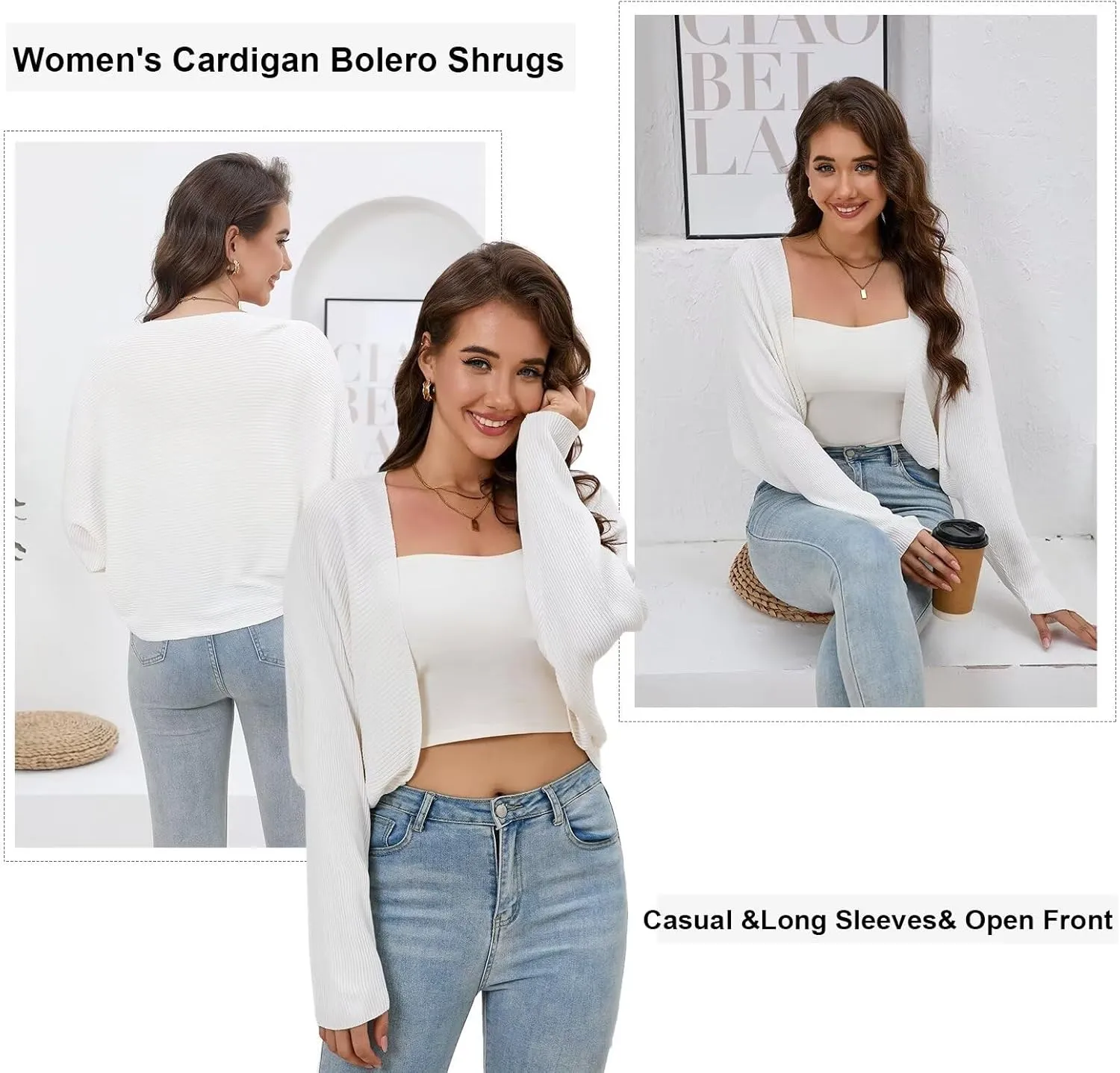 Women's Cardigan Summer 2024 Bolero Shrugs for Dresses Cropped Sweater Long Sleeve Lightweight Open Front Elegant Knit Top.