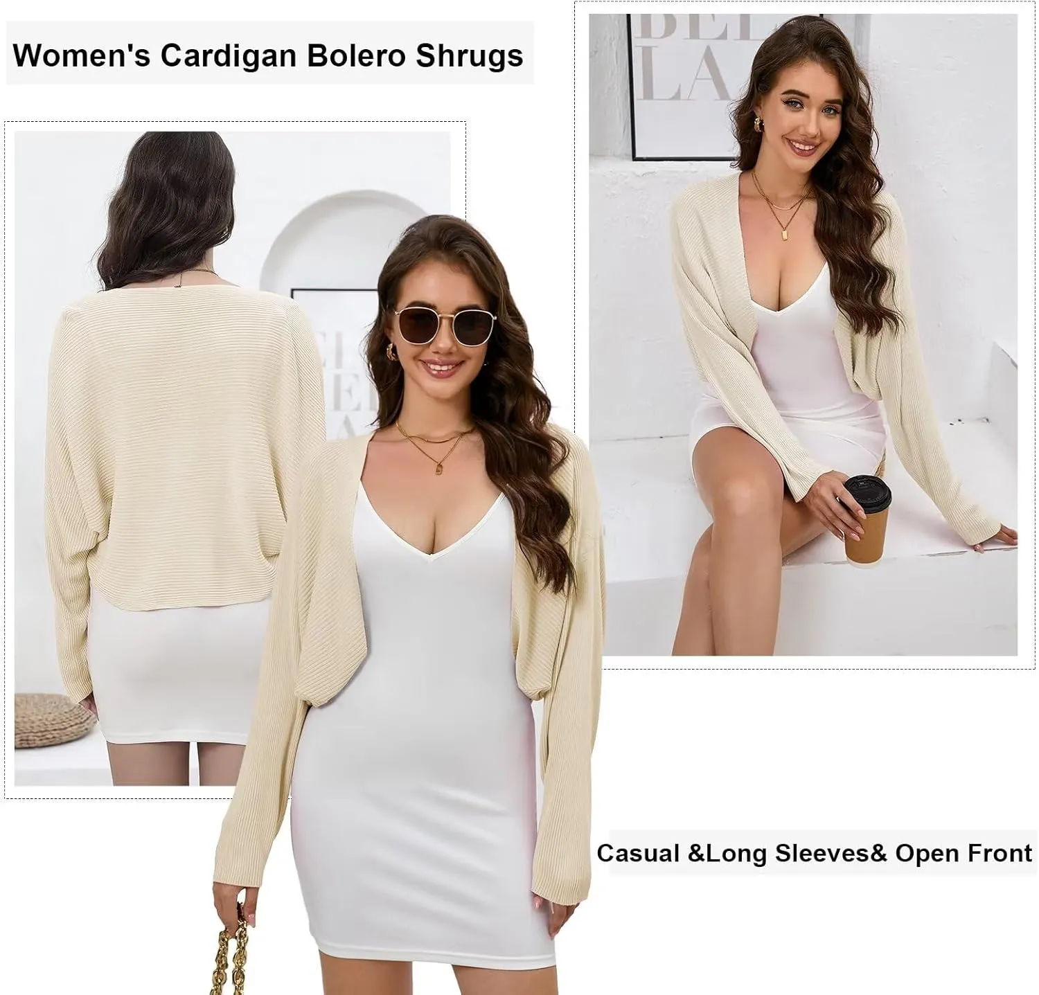 Women's Cardigan Summer 2024 Bolero Shrugs for Dresses Cropped Sweater Long Sleeve Lightweight Open Front Elegant Knit Top.