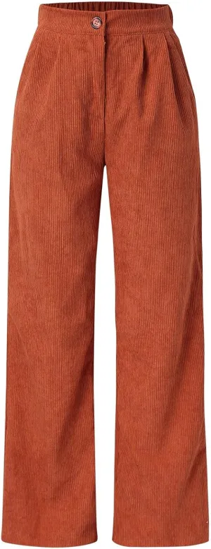 Women's Corduroy Straight Leg Pants Casual High Waist Trousers Solid Loose Fit Soft Classic Sweatspant with Pockets