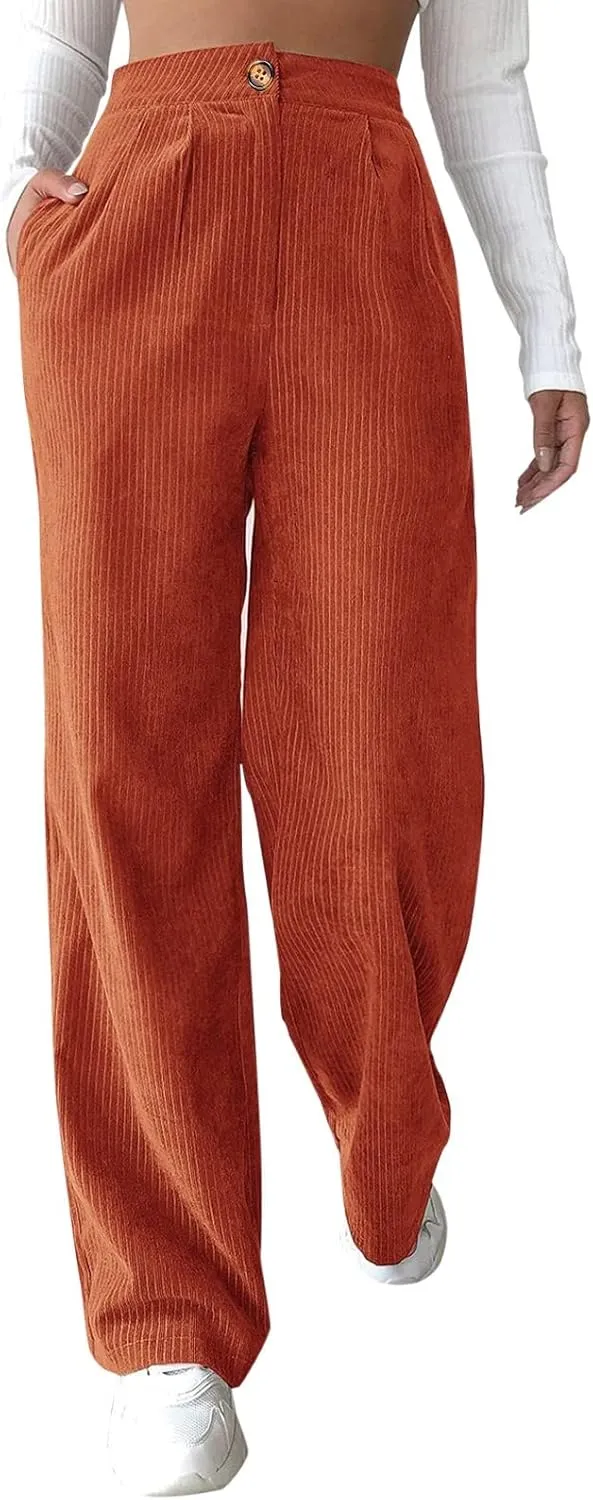 Women's Corduroy Straight Leg Pants Casual High Waist Trousers Solid Loose Fit Soft Classic Sweatspant with Pockets