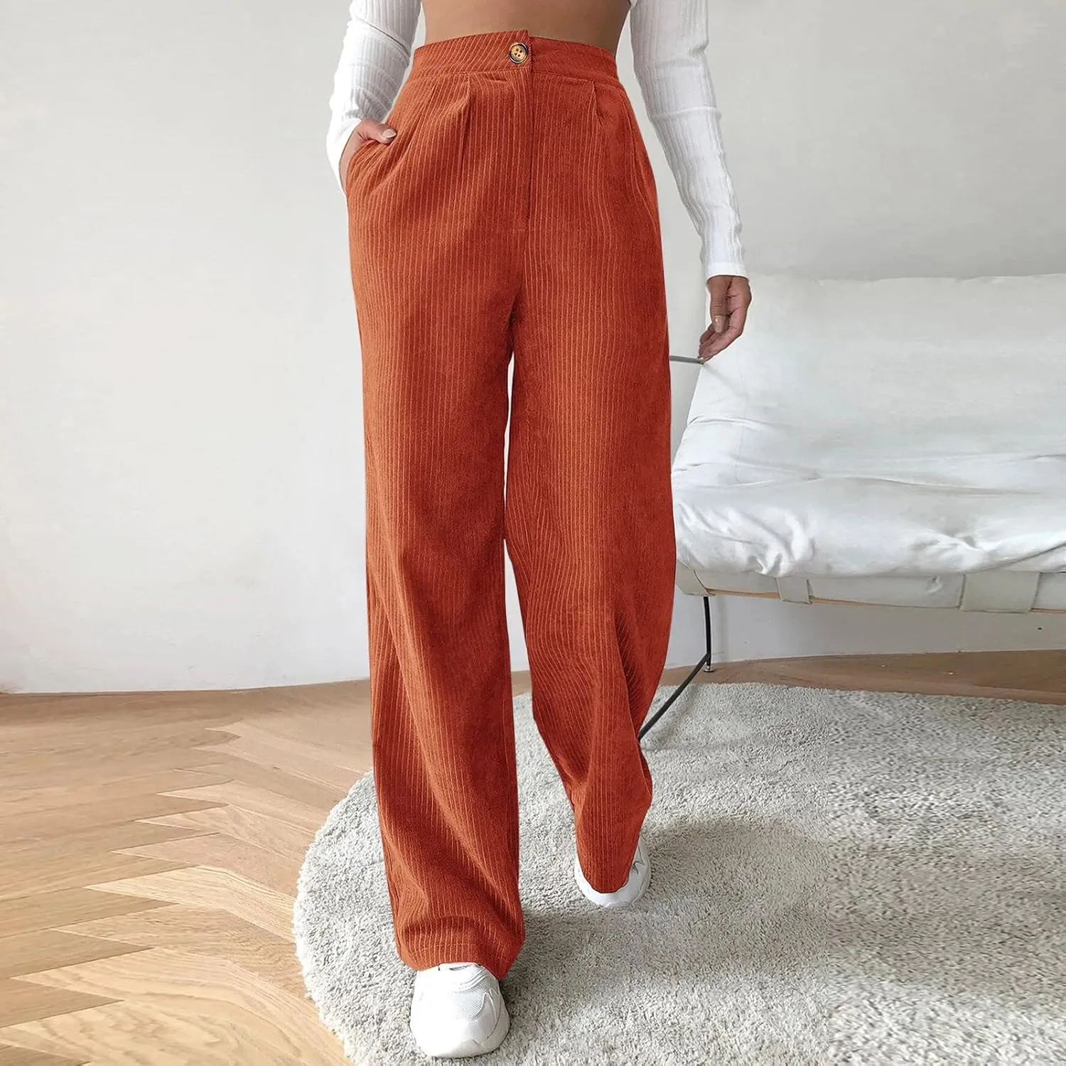 Women's Corduroy Straight Leg Pants Casual High Waist Trousers Solid Loose Fit Soft Classic Sweatspant with Pockets
