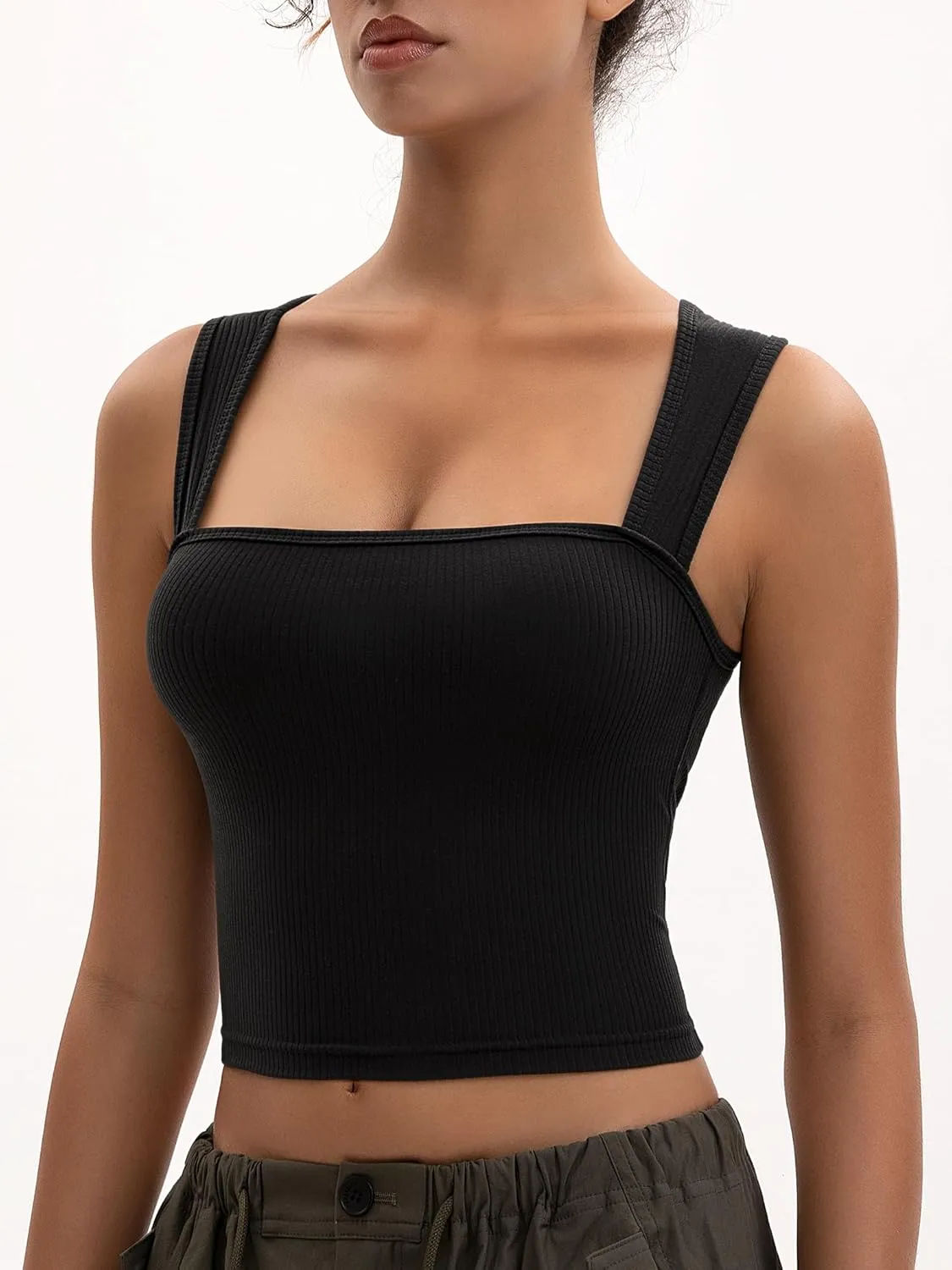 Women's Crop Tank Top Ribbed Sleeveless Shirts Wide Strap Square Neck Casual Basic Tanks 2025 Summer for Workout