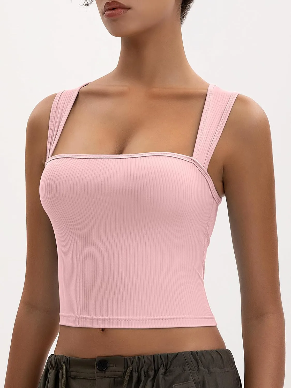 Women's Crop Tank Top Ribbed Sleeveless Shirts Wide Strap Square Neck Casual Basic Tanks 2025 Summer for Workout