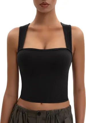 Women's Crop Tank Top Ribbed Sleeveless Shirts Wide Strap Square Neck Casual Basic Tanks 2025 Summer for Workout