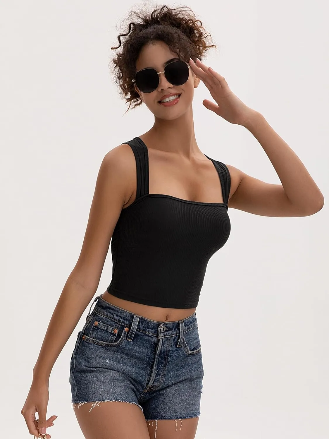 Women's Crop Tank Top Ribbed Sleeveless Shirts Wide Strap Square Neck Casual Basic Tanks 2025 Summer for Workout