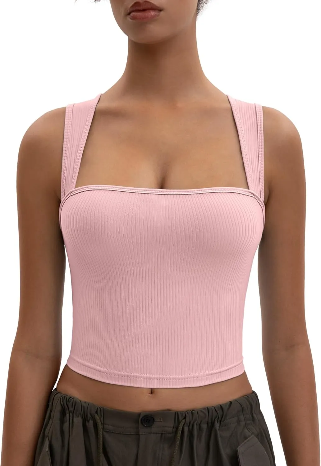 Women's Crop Tank Top Ribbed Sleeveless Shirts Wide Strap Square Neck Casual Basic Tanks 2025 Summer for Workout