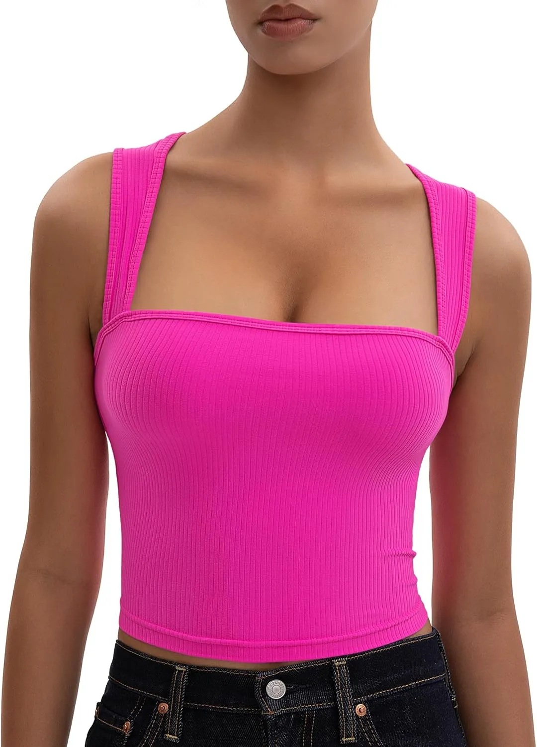 Women's Crop Tank Top Ribbed Sleeveless Shirts Wide Strap Square Neck Casual Basic Tanks 2025 Summer for Workout