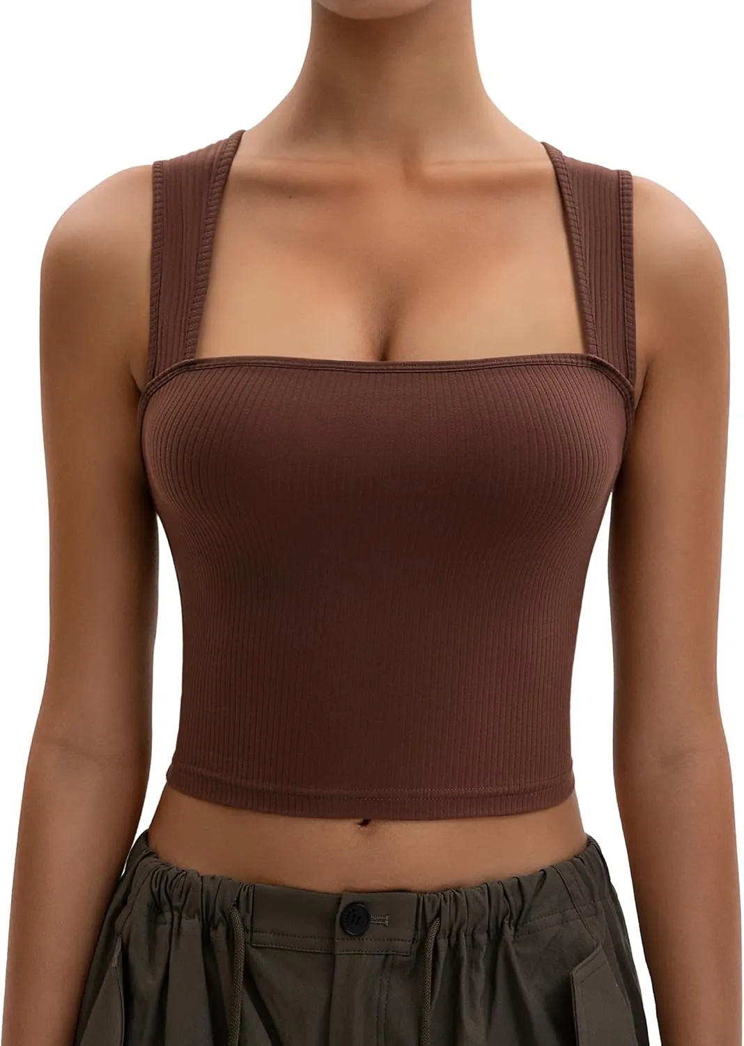 Women's Crop Tank Top Ribbed Sleeveless Shirts Wide Strap Square Neck Casual Basic Tanks 2025 Summer for Workout