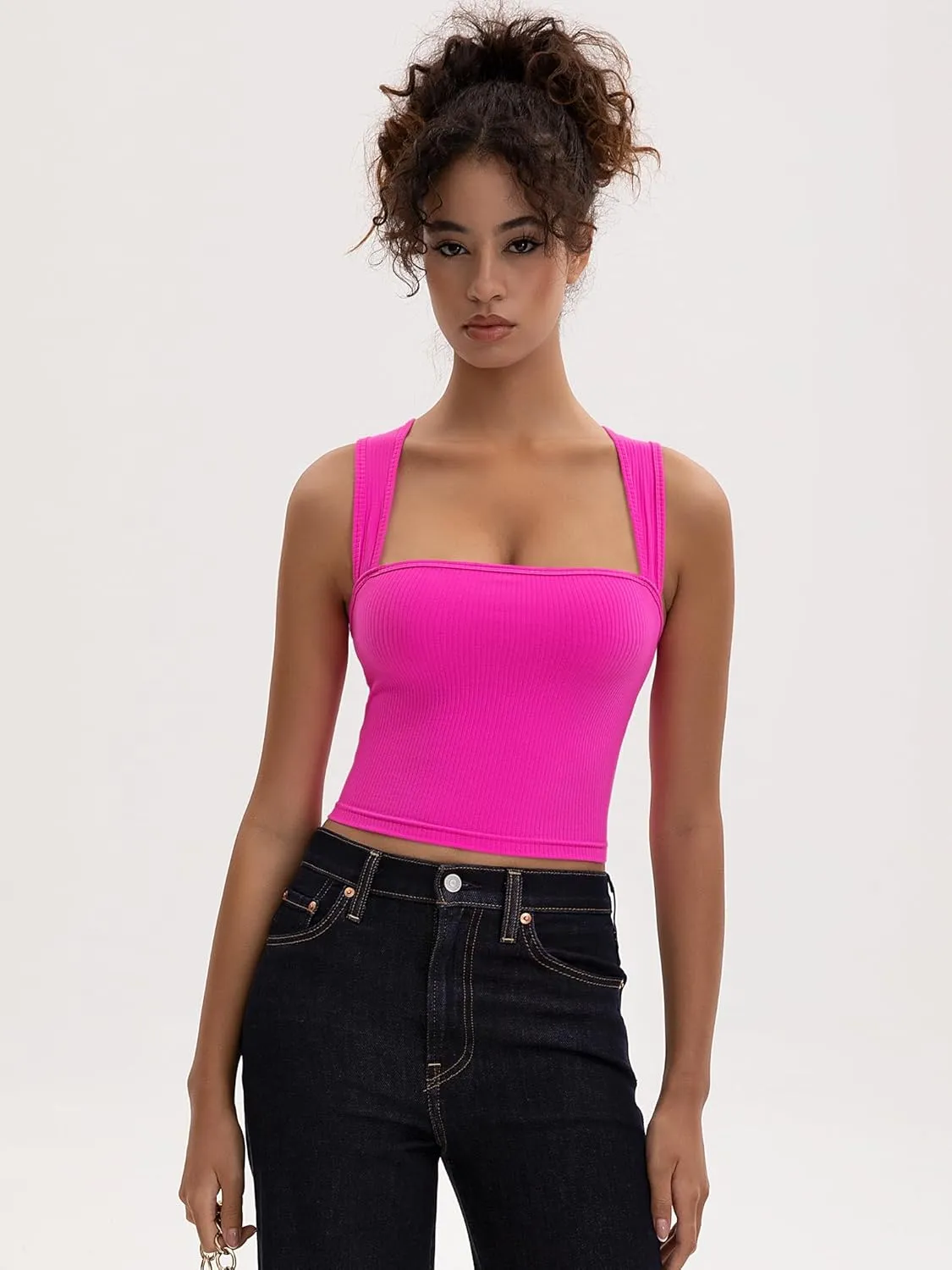 Women's Crop Tank Top Ribbed Sleeveless Shirts Wide Strap Square Neck Casual Basic Tanks 2025 Summer for Workout