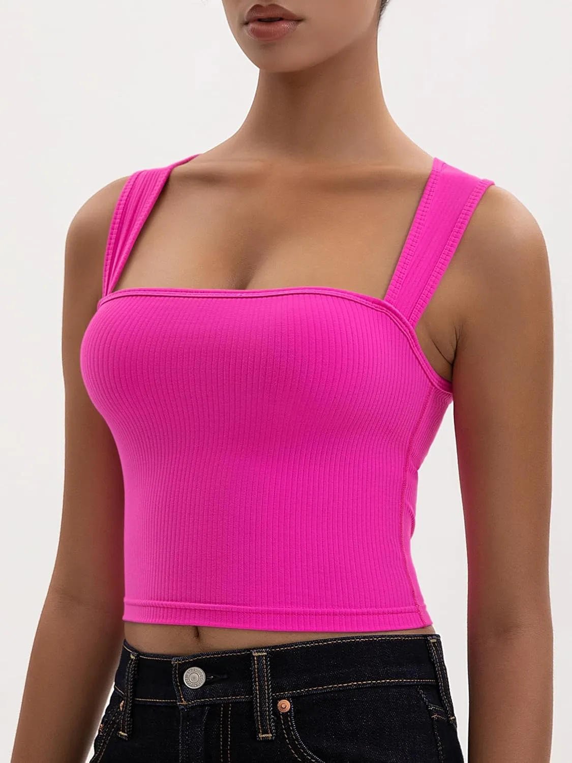 Women's Crop Tank Top Ribbed Sleeveless Shirts Wide Strap Square Neck Casual Basic Tanks 2025 Summer for Workout