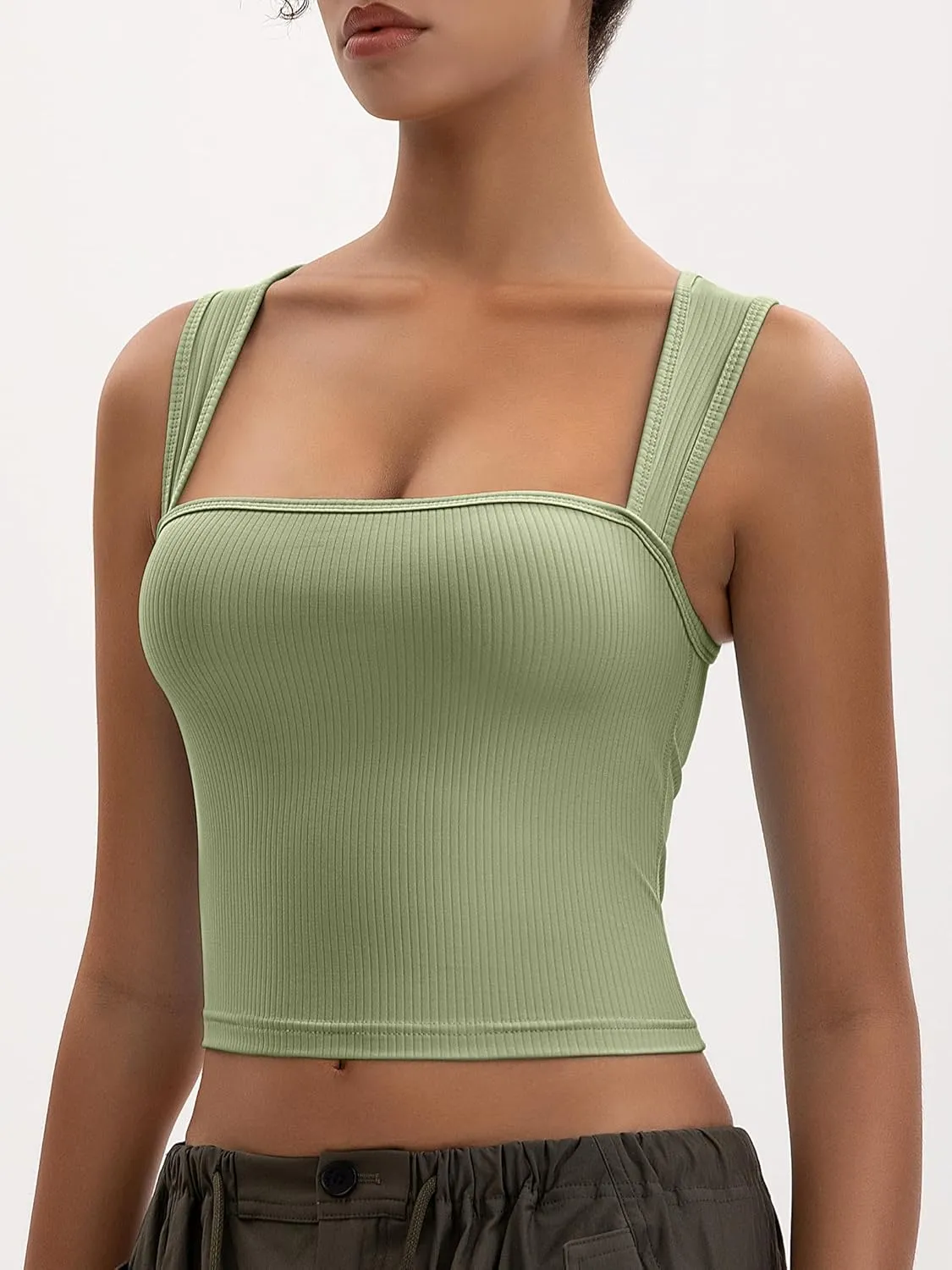Women's Crop Tank Top Ribbed Sleeveless Shirts Wide Strap Square Neck Casual Basic Tanks 2025 Summer for Workout