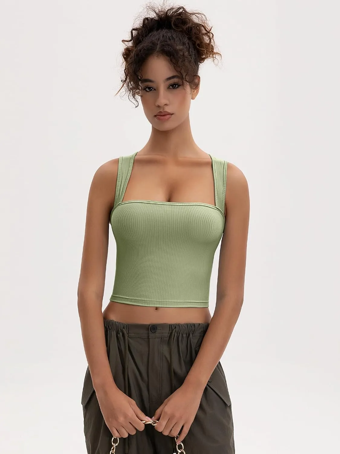 Women's Crop Tank Top Ribbed Sleeveless Shirts Wide Strap Square Neck Casual Basic Tanks 2025 Summer for Workout