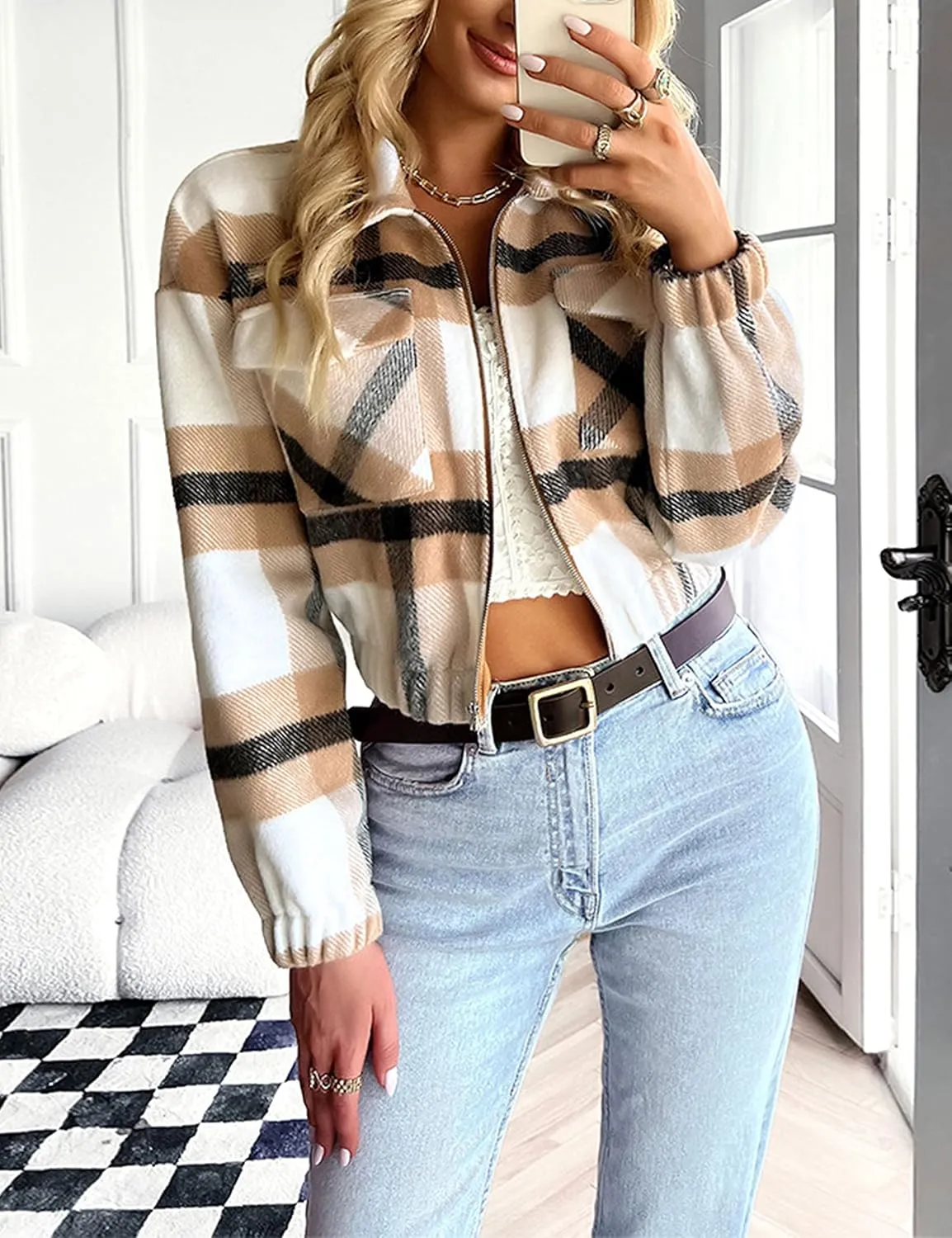 Womens Cropped Flannel Plaid Shacket Zip Up Shirts Jackets with Pockets