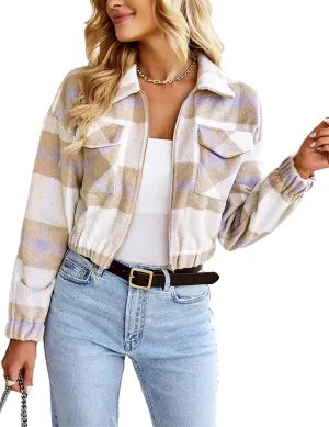 Womens Cropped Flannel Plaid Shacket Zip Up Shirts Jackets with Pockets