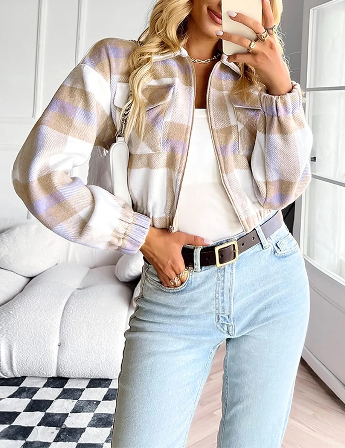 Womens Cropped Flannel Plaid Shacket Zip Up Shirts Jackets with Pockets